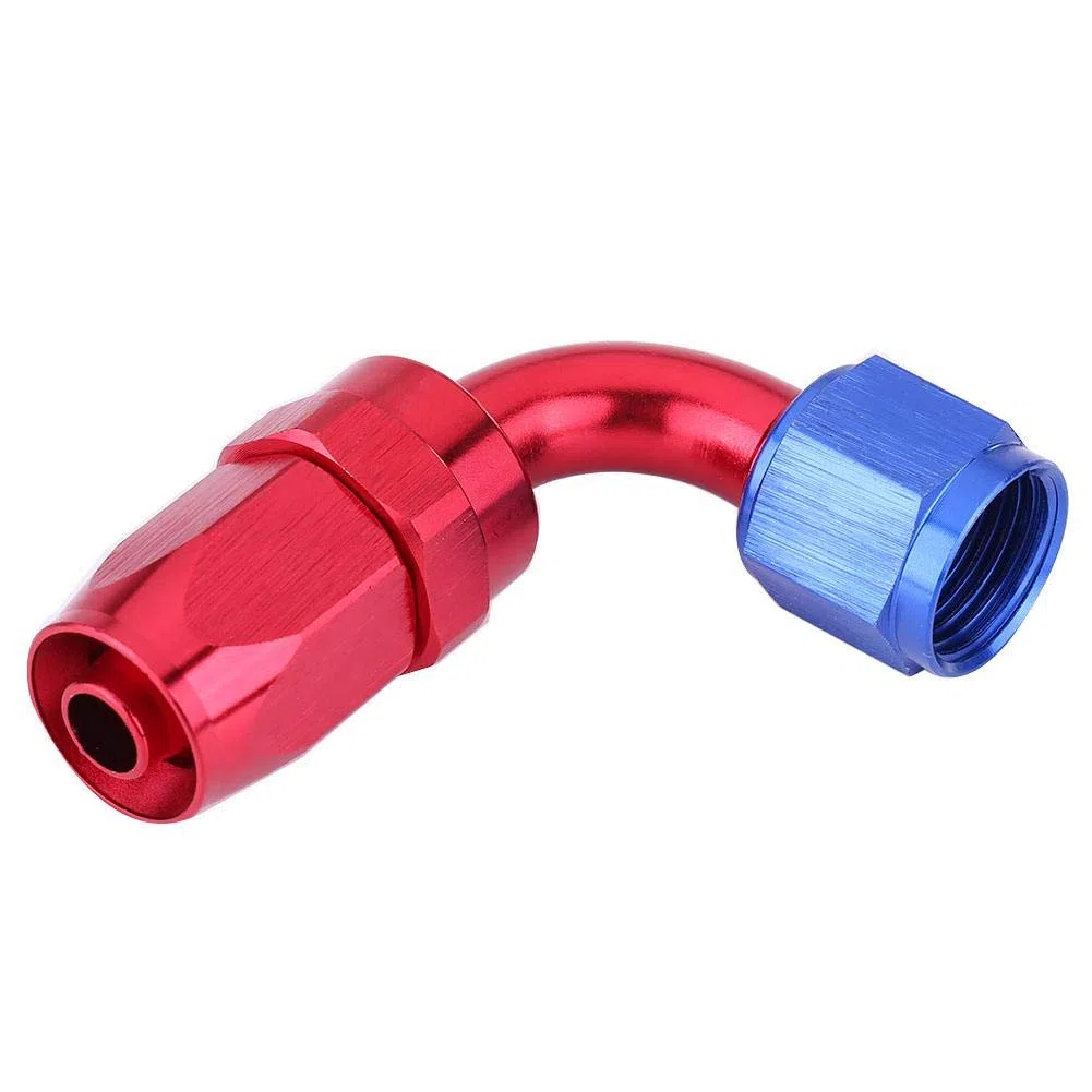 Estremità del tubo flessibile del carburante, AN10 Estremità del tubo flessibile Raccordo girevole sostituzione per radiatore olio Adattatore lega di alluminio Colore blu e rosso anodizzato(90 °)